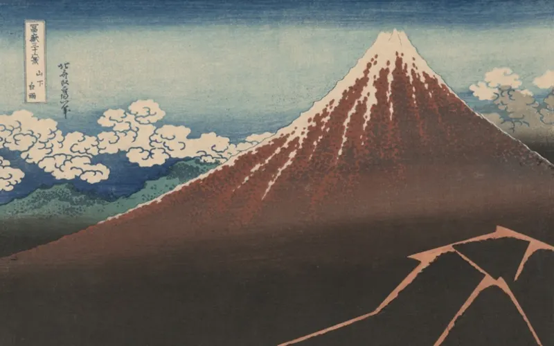 Artwork: Shower Below the Summit (Sanka hakuu), from the series "Thirty-Six Views of Mount Fuji (Fugaku sanjurokkei)", Katsushika Hokusai (c. 1830/33) · Art Institute of Chicago, CC0