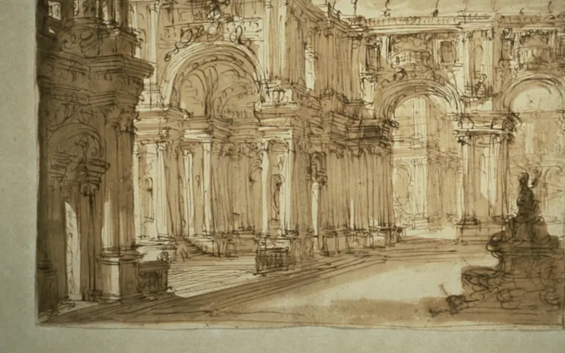 Artwork: Palatial Courtyard with a Fountain, Giovanni Battista Piranesi (c. 1750) · Art Institute of Chicago, CC0
