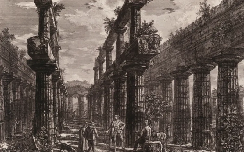 Artwork: A., B. View of the remains of the two rows of columns in the Temple of Neptune which originally formed the colonnades along the sides of the cella, and supported the uppermost part of the roof, from Different views of Paestum, Giovanni Battista Piranesi (1778) · Art Institute of Chicago, CC0